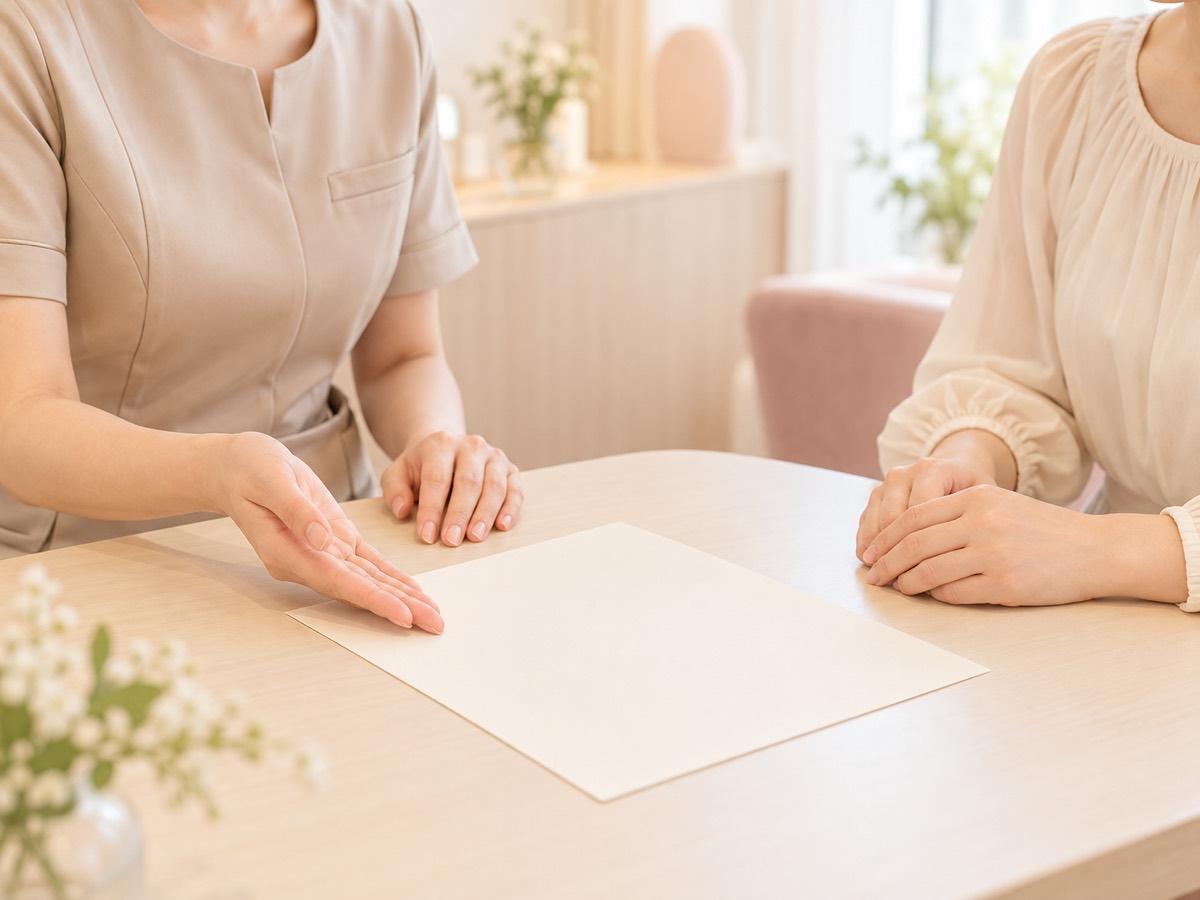 生成イメージ：女性同士が向かい合って相談する場面（顔は写していません）。実際のスタッフ・お客様を撮影した写真ではありません
